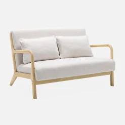 2-zitsbank en fauteuil van naturelkleurig hout en bouclé
