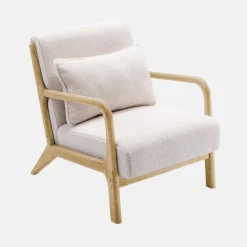2-zitsbank en fauteuil van naturelkleurig hout en bouclé