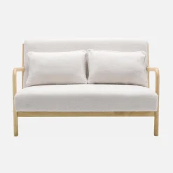 2-zitsbank en fauteuil van naturelkleurig hout en bouclé