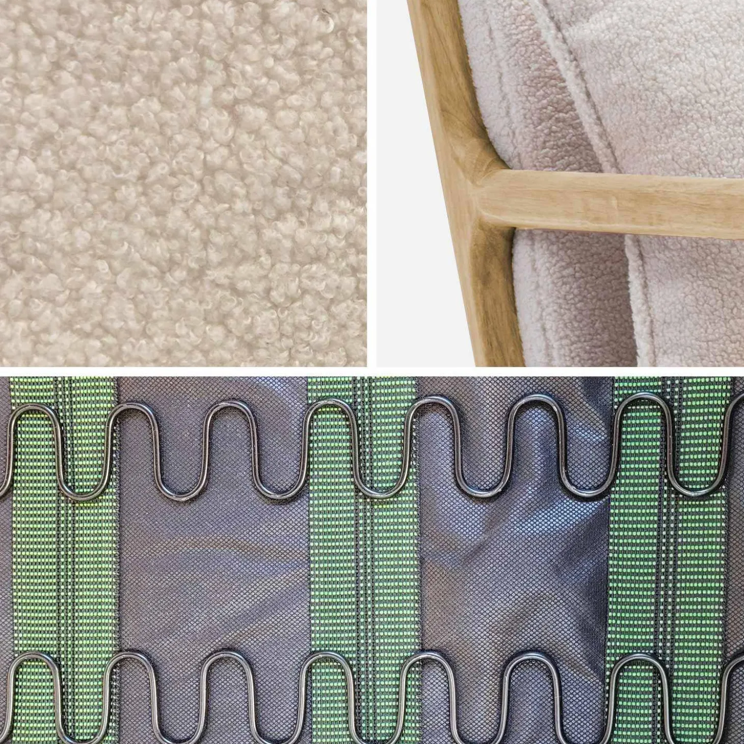 2-zitsbank en fauteuil van naturelkleurig hout en bouclé