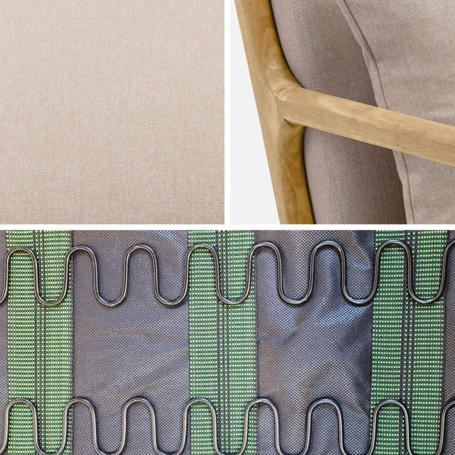 2-zitsbank en fauteuil van naturelkleurig hout en stof