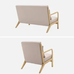 2-zitsbank en fauteuil van naturelkleurig hout en stof