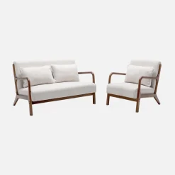 2-zitsbank en fauteuil van walnootkleurig hout en bouclé