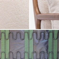 2-zitsbank en fauteuil van walnootkleurig hout en bouclé