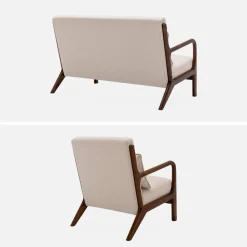 2-zitsbank en fauteuil van walnootkleurig hout en stof