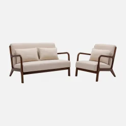 2-zitsbank en fauteuil van walnootkleurig hout en stof