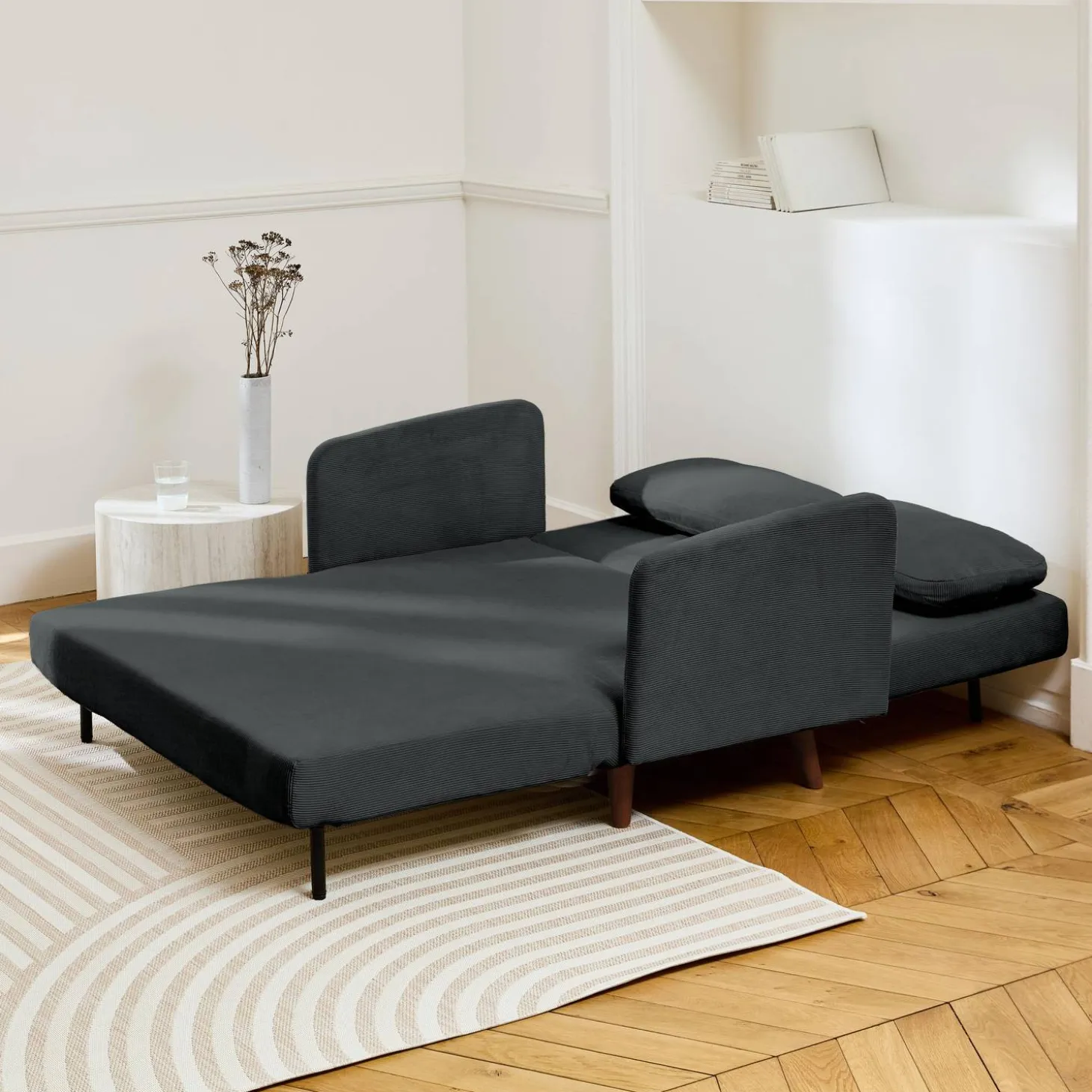 2-zits corduroy slaapbank met houten poten