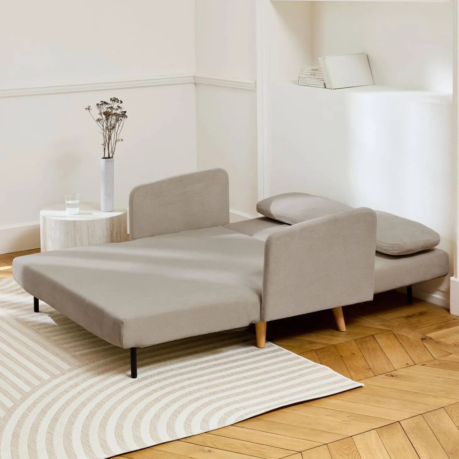2-zits corduroy slaapbank met houten poten