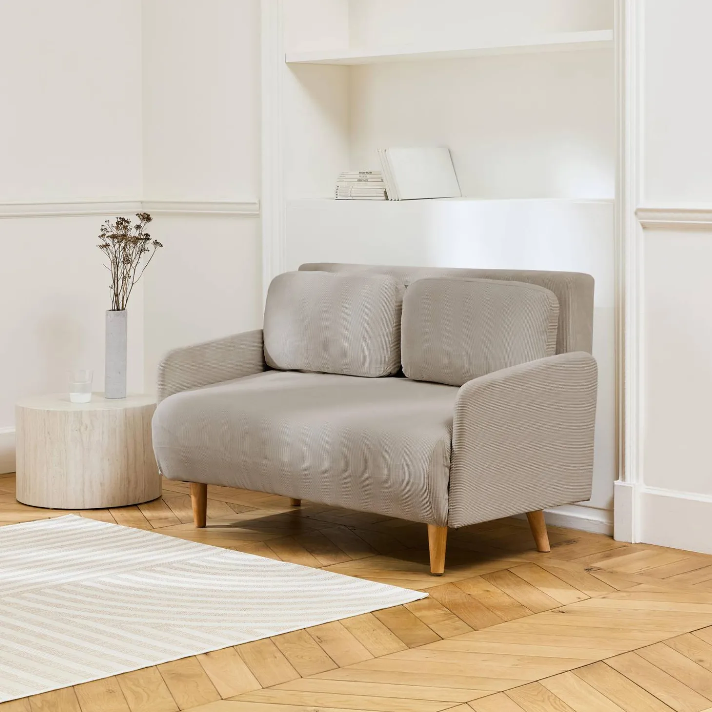 2-zits corduroy slaapbank met houten poten