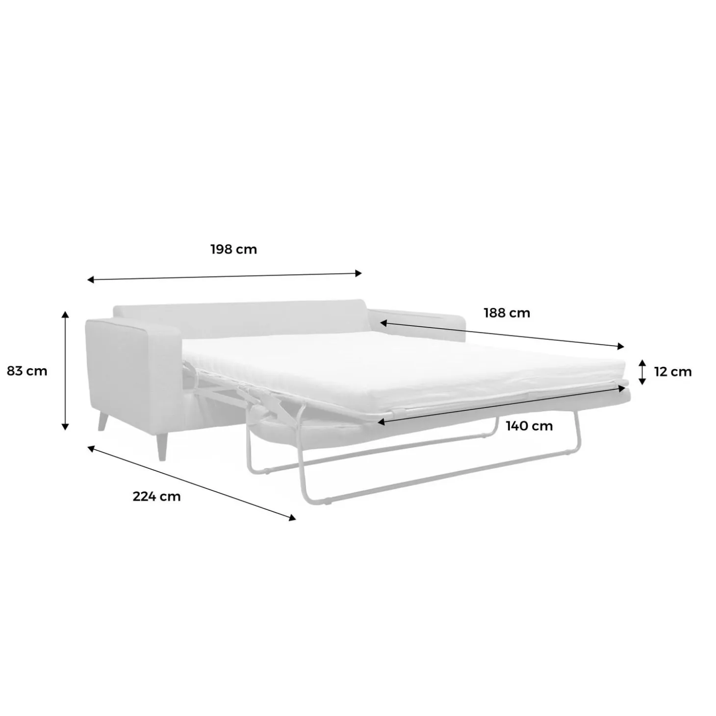 3-zits slaapbank met matras van 12 cm - Made in France